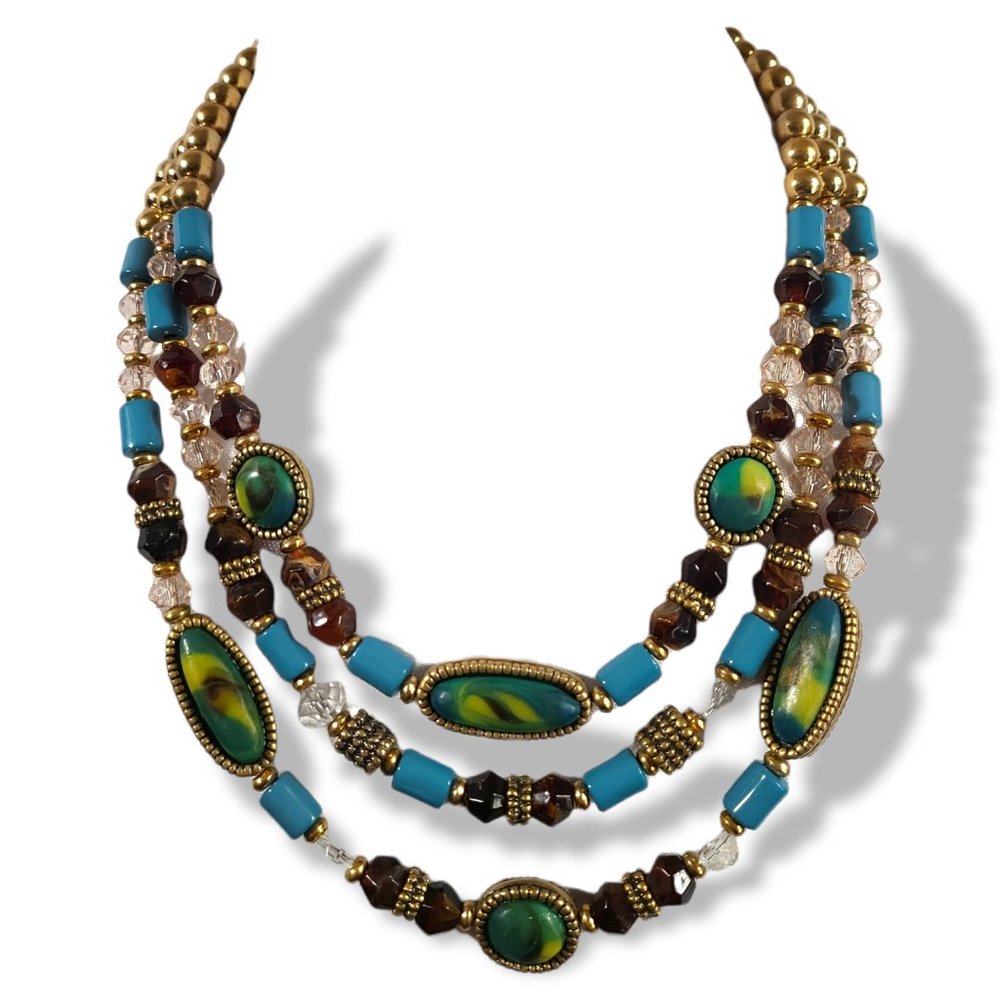 Necklace Gold Tone Signed Chico's Faux Turquoise Crystal Beads